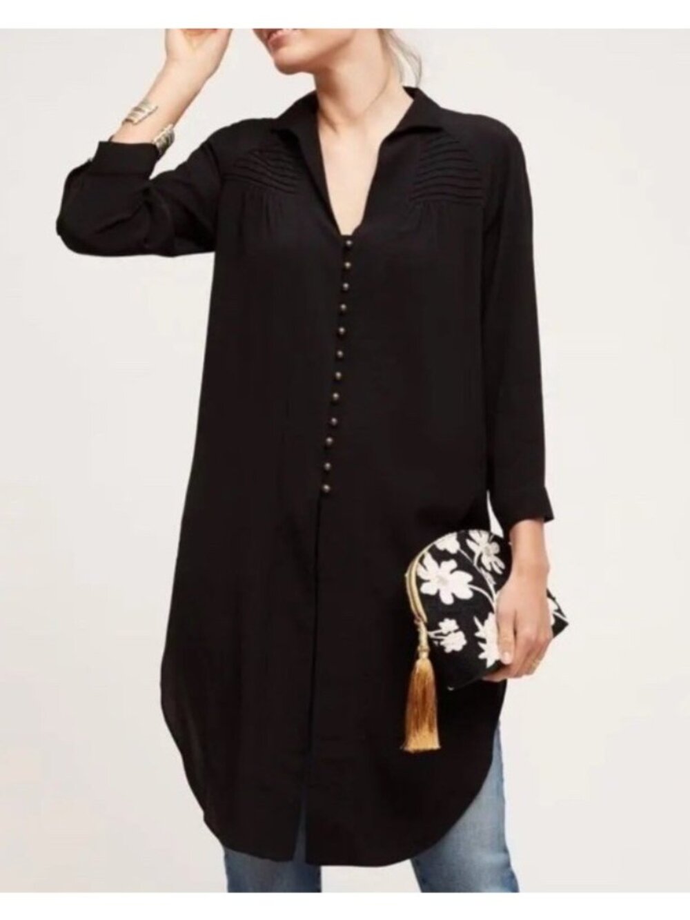 Anthropologie Maeve Ceycen Crepe Button Down Tunic Black Size Small Lagenlook